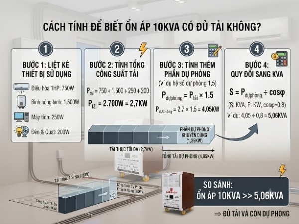 Cách tính để biết ổn áp 10KVA có đủ tải không